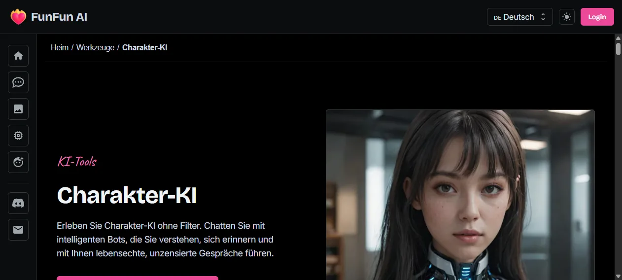 Öffentliche Funfun AI Werkzeugseite zur Charakter-KI