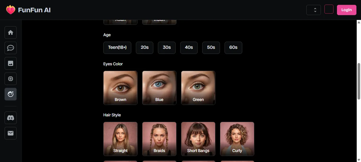 Weitere sichtbare Stiloptionen im Funfun AI Charaktereditor
